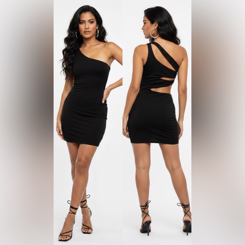 Oh Polly Black One Shoulder Mini Dress Asymmetric Cutout Bodycon Baddie Size 2